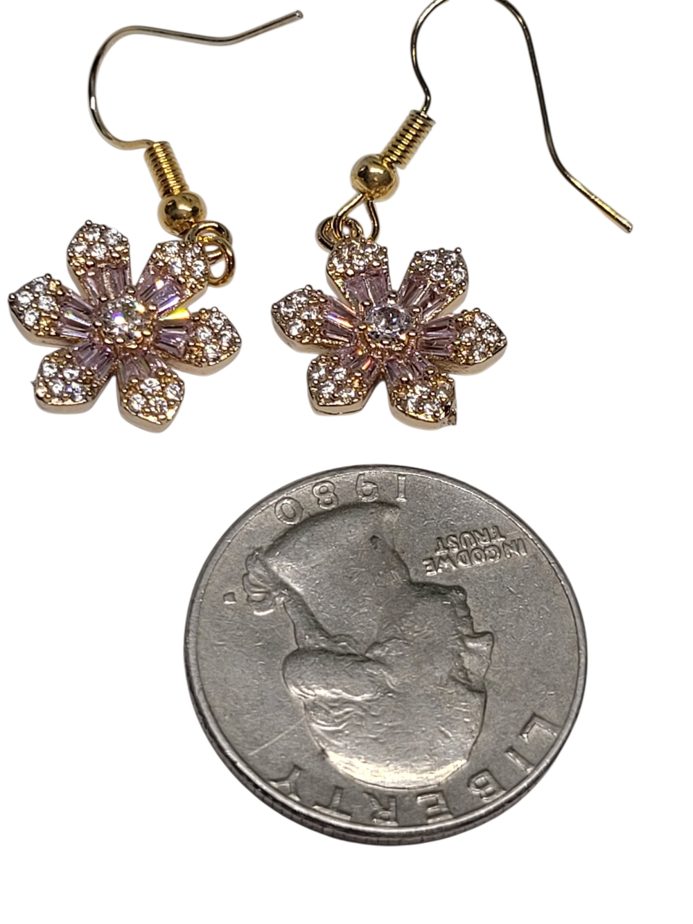 18k Gold Plated Pink Crystal Flower Drop Earrings - Picture 3 of 4